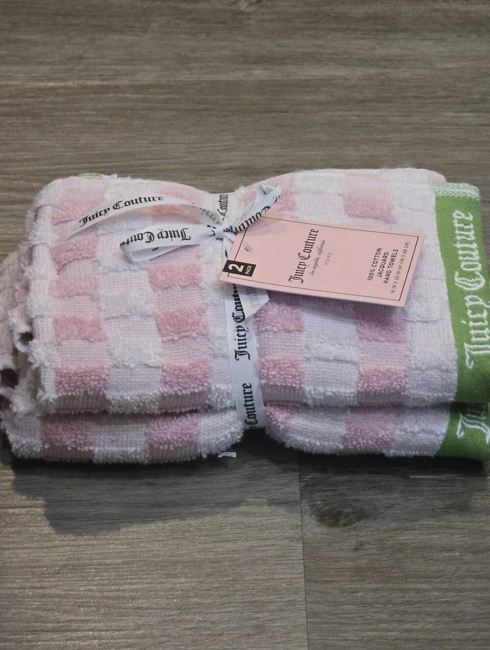 Juicy Couture Home Pink, White & Green Check Logo Cotton Jacquard Hand Towels